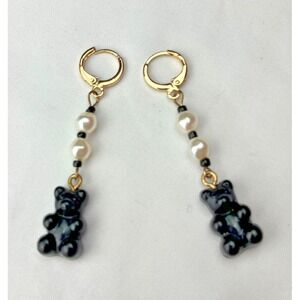 Handmade Black Gummy Bear Pendant Faux Pearl Beaded Dangly Earrings Goth Cute